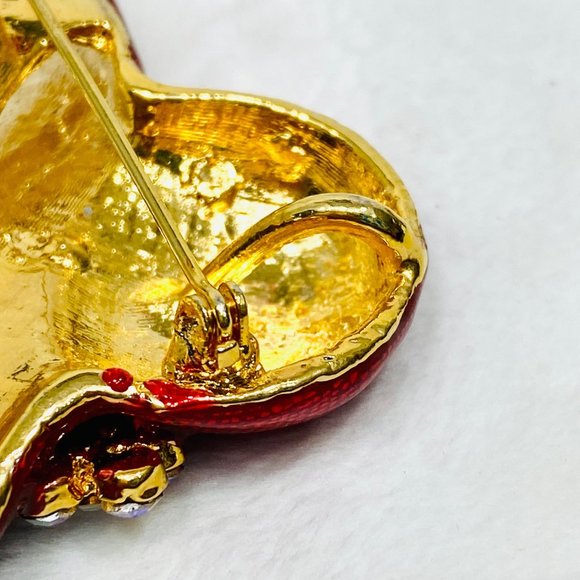 Vintage Red Hat Enameled Brooch w/AB Crystals - Large Brooch - Picture 5 of 6